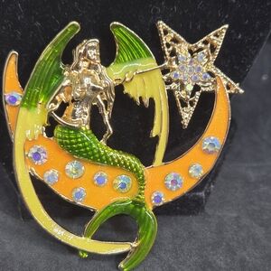 Fairy Mermaid on Crescent Moon Large Brooch Pin Gold Tone Bright Enamel